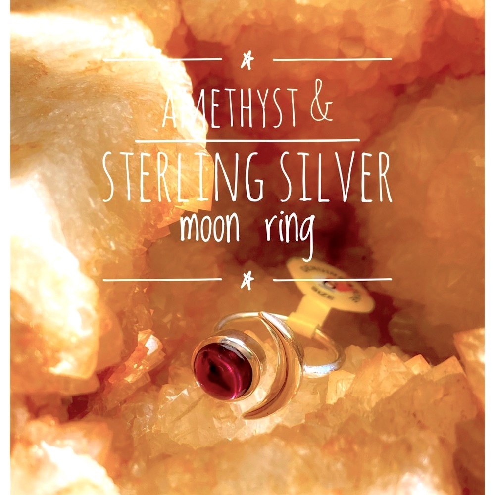 Amethyst and sterling silver moon ring